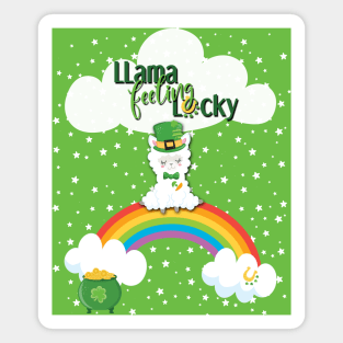 St. Patrick's Day Llama Feeling Lucky , Rainbow, Clouds & Stars on Green Magnet